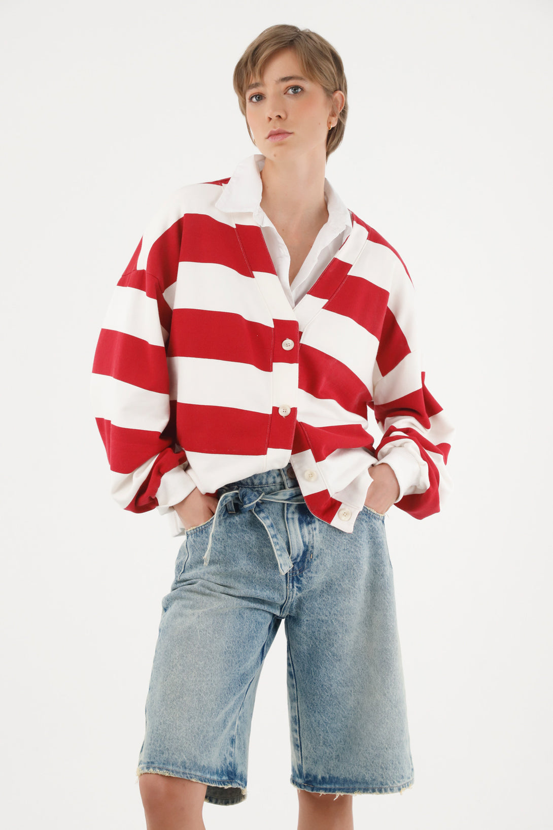 Women's white and red striped printed sweatshirt