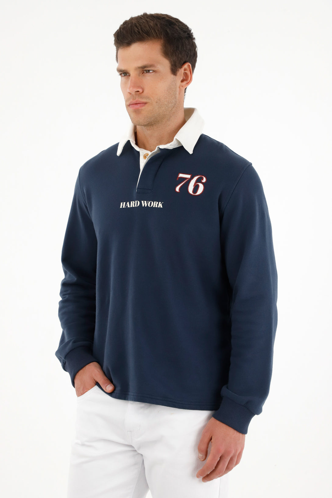 Men's blue polo sweatshirt with prints and embroidery.