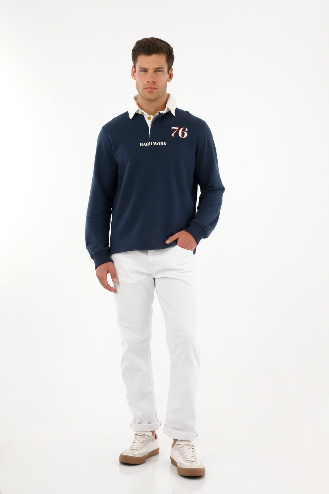 Men's blue polo sweatshirt with prints and embroidery.