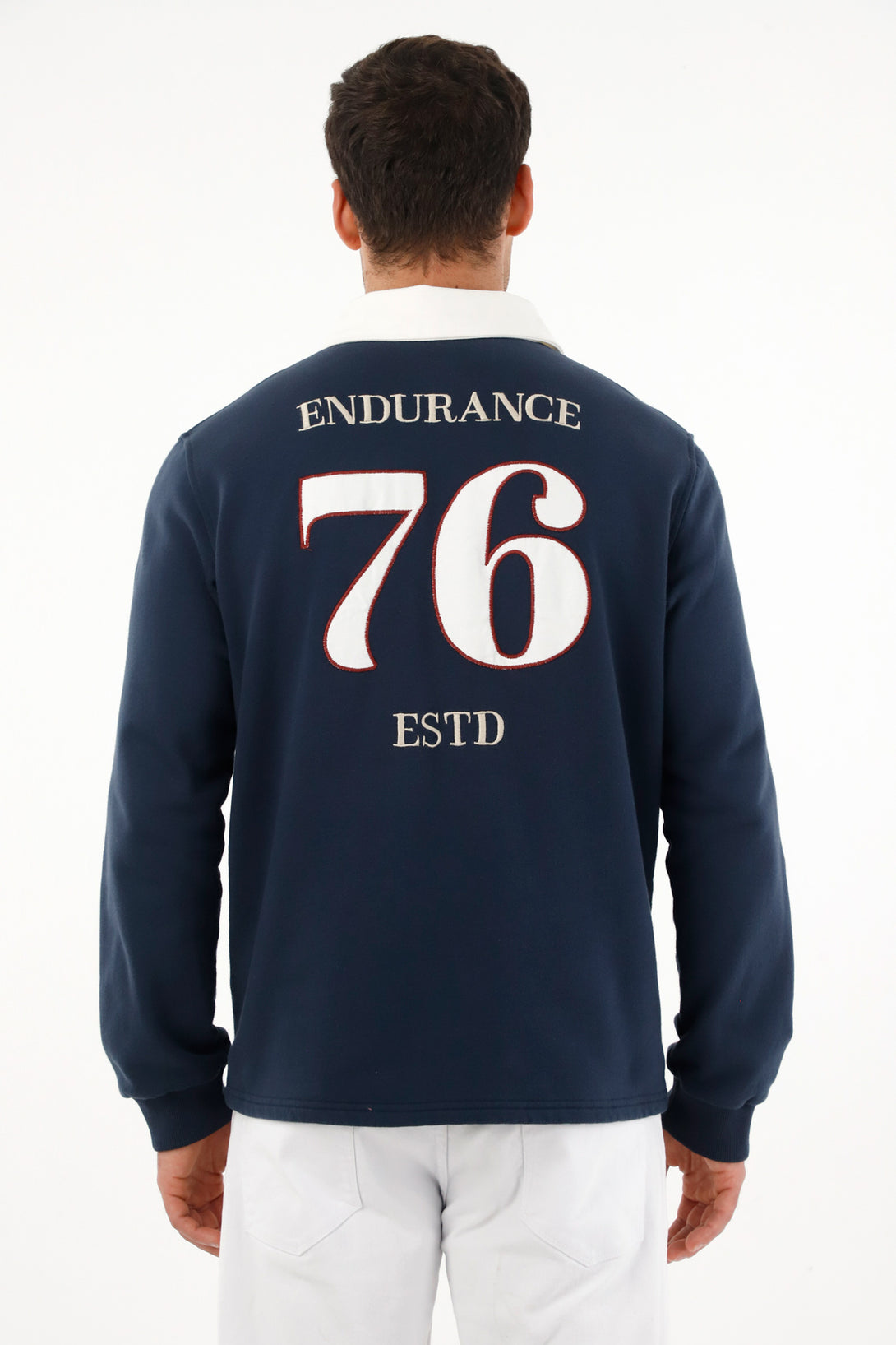 Men's blue polo sweatshirt with prints and embroidery.