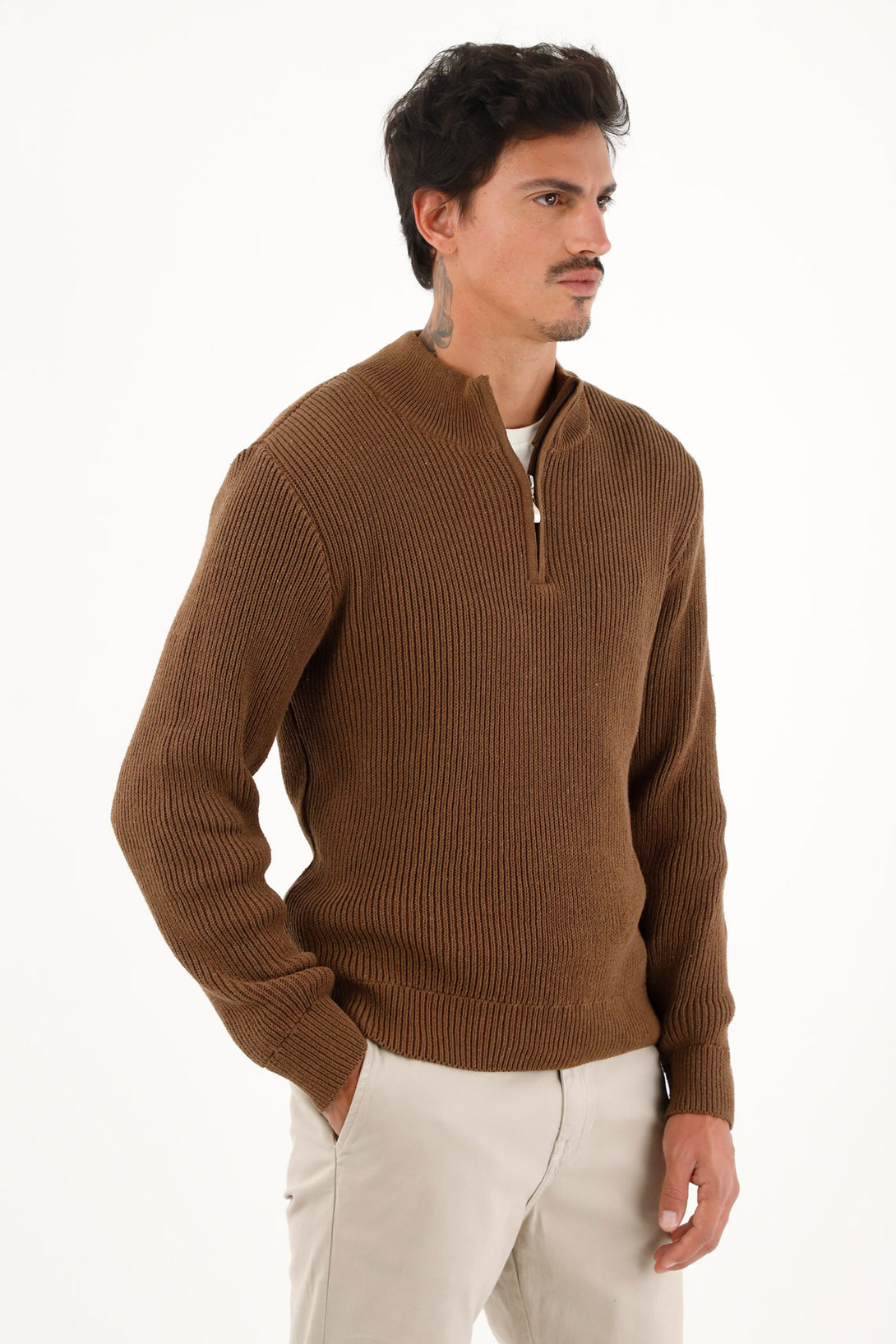 Men's brown high-neck zip-up sweatshirt