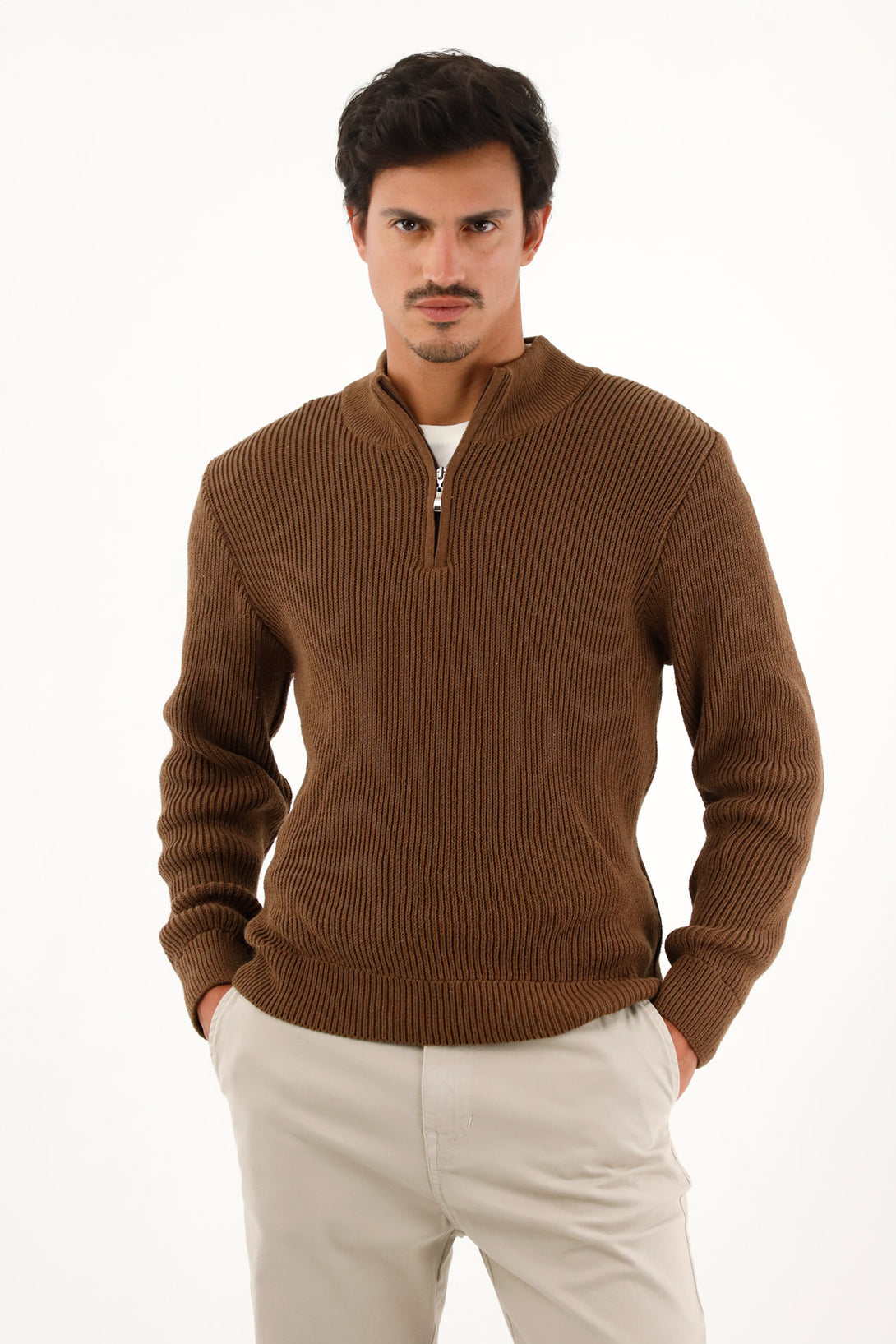 Men's brown high-neck zip-up sweatshirt