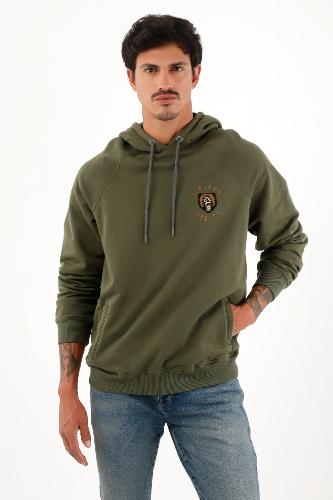 Men's green hoodie with decorative embroidery