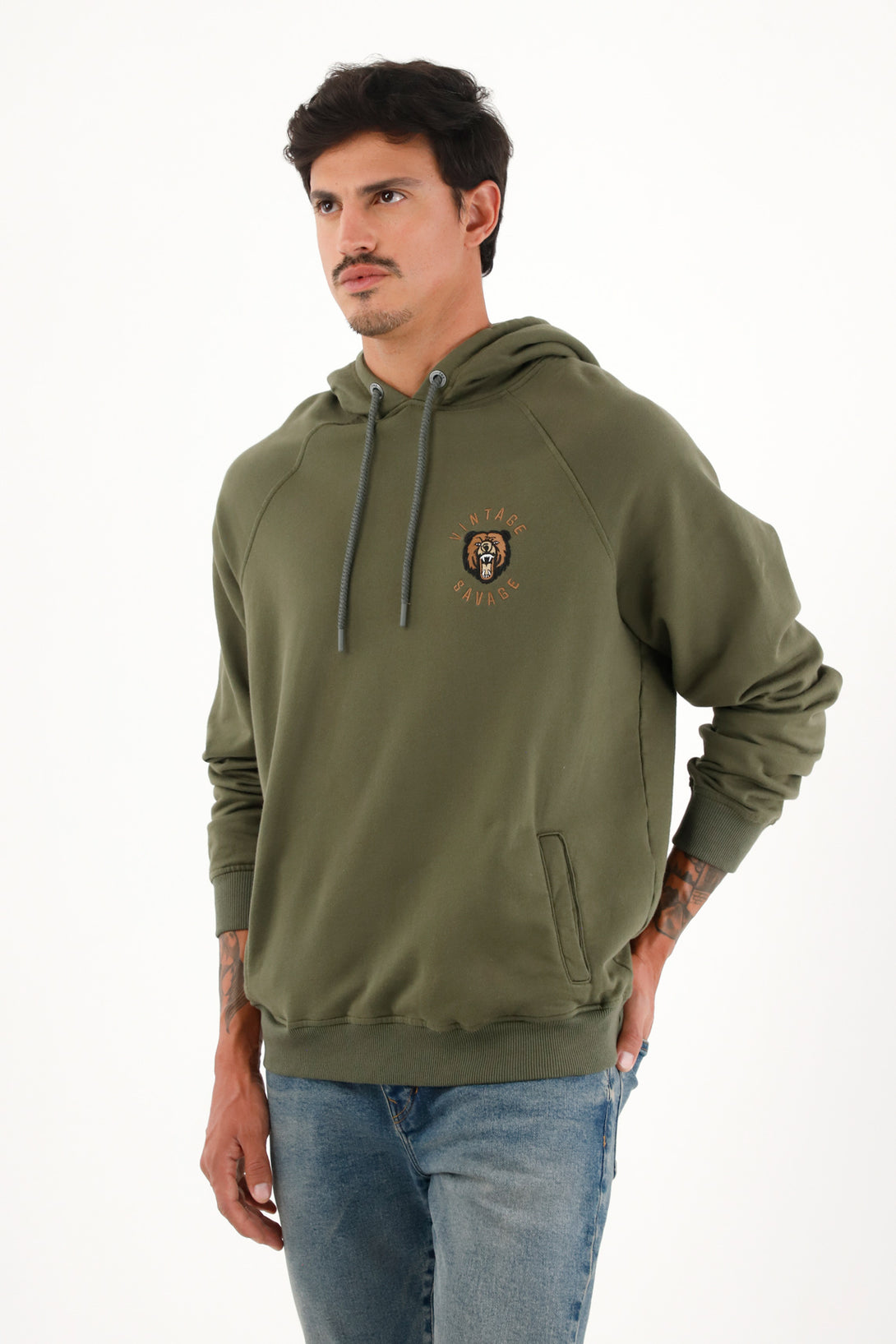 Men's green hoodie with decorative embroidery