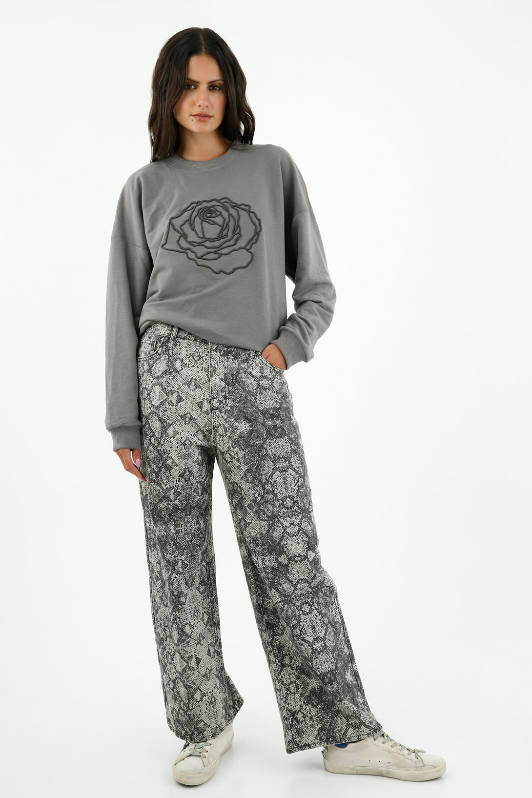 Women's Gray Rose Embroidered Sweater