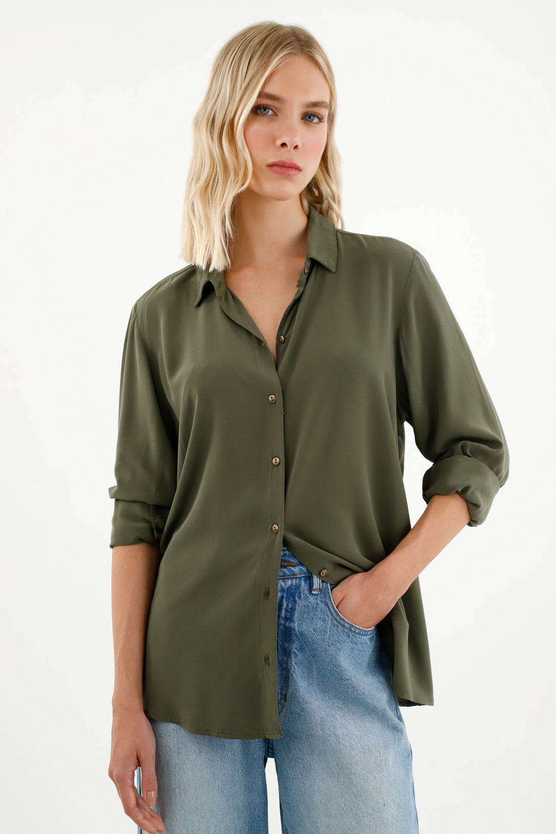 Camisa manga larga verde para mujer