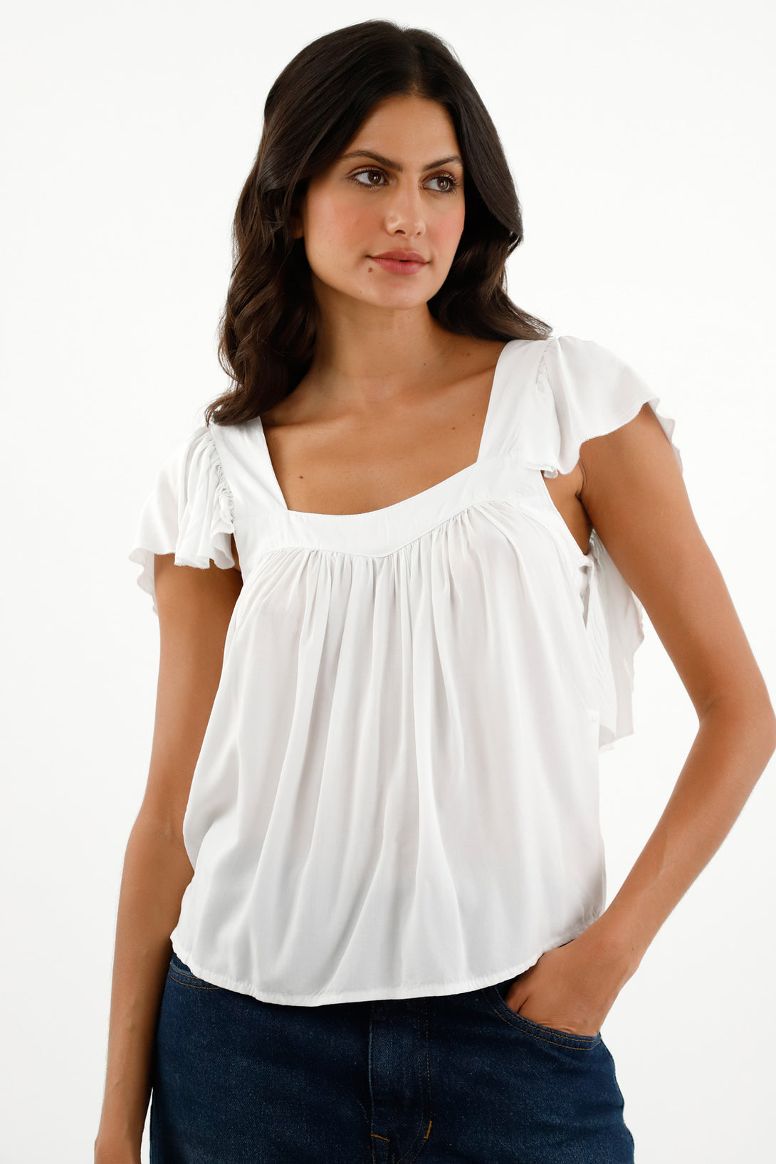 Women's White Ruffle Strap Shirt