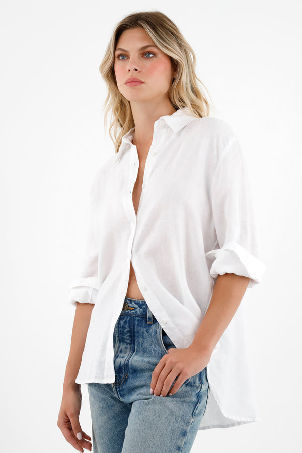 Camisa 100% lino manga larga blanca para mujer