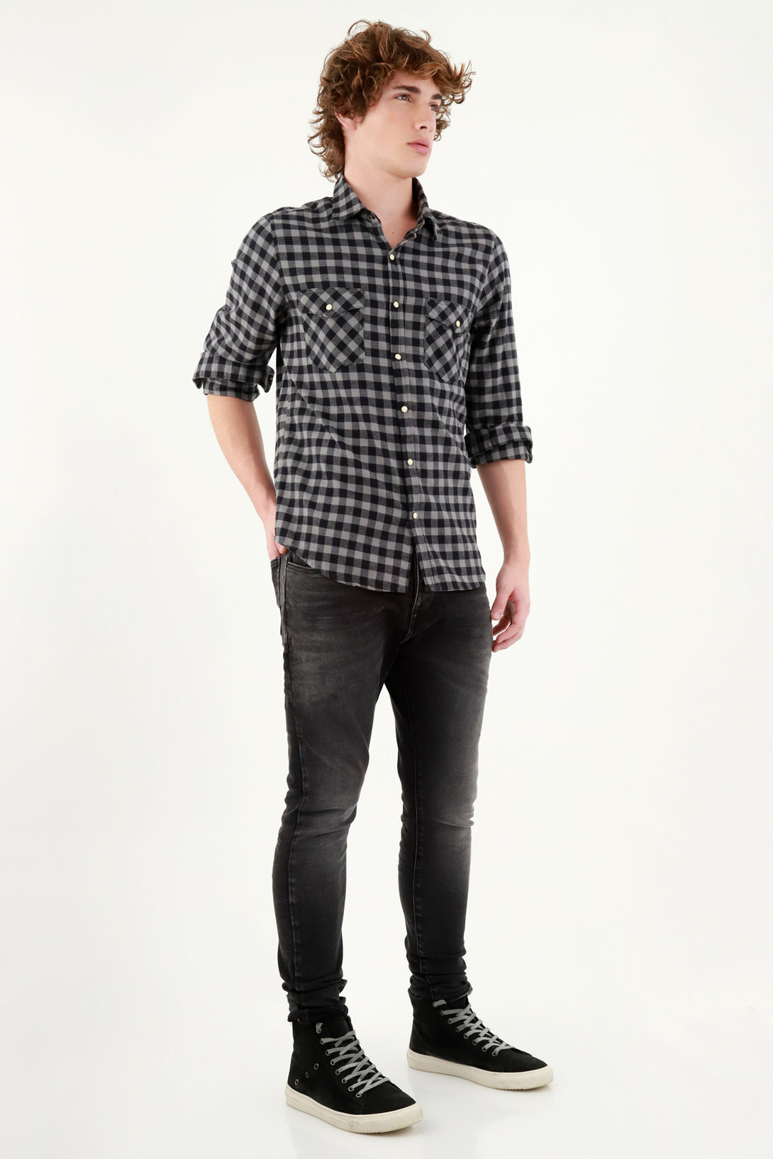 Men's Black Pre-dyed Plaid Shirt