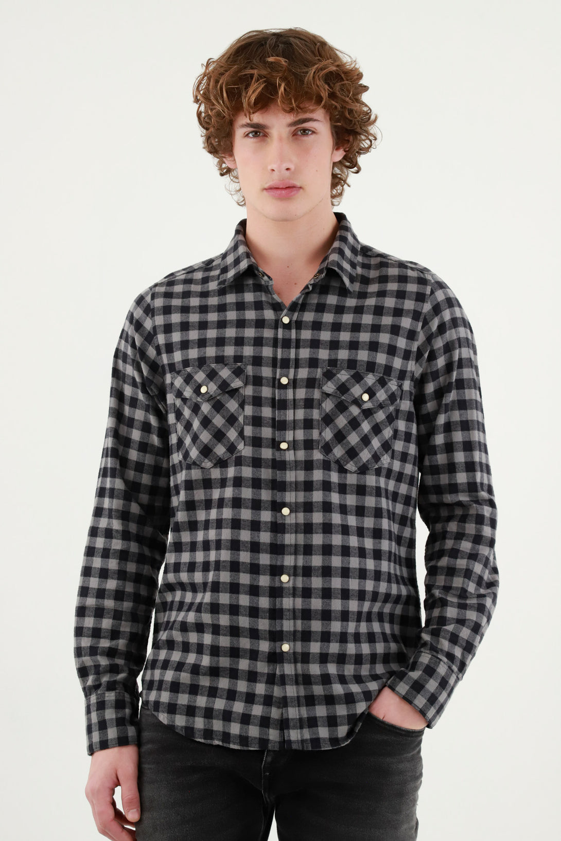 Men's Black Pre-dyed Plaid Shirt