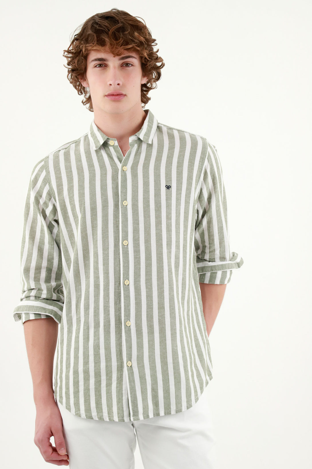 Men's Green Striped Pre-dyed Shirt