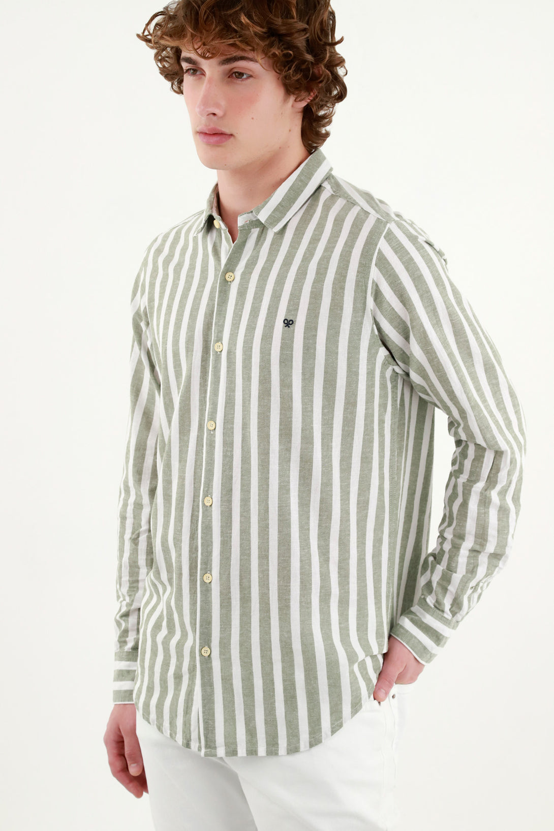 Men's Green Striped Pre-dyed Shirt