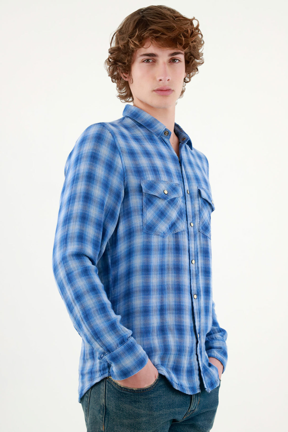 Camisa leñadora azul para hombre