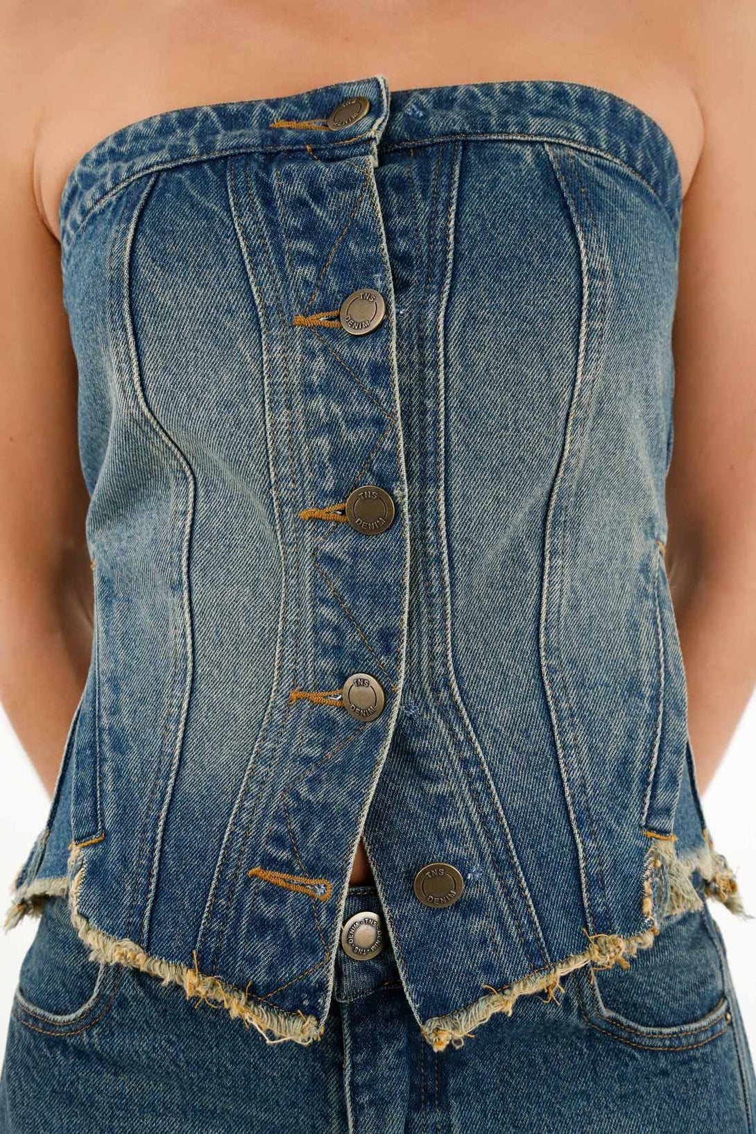 Camisa Strapless azul denim para mujer