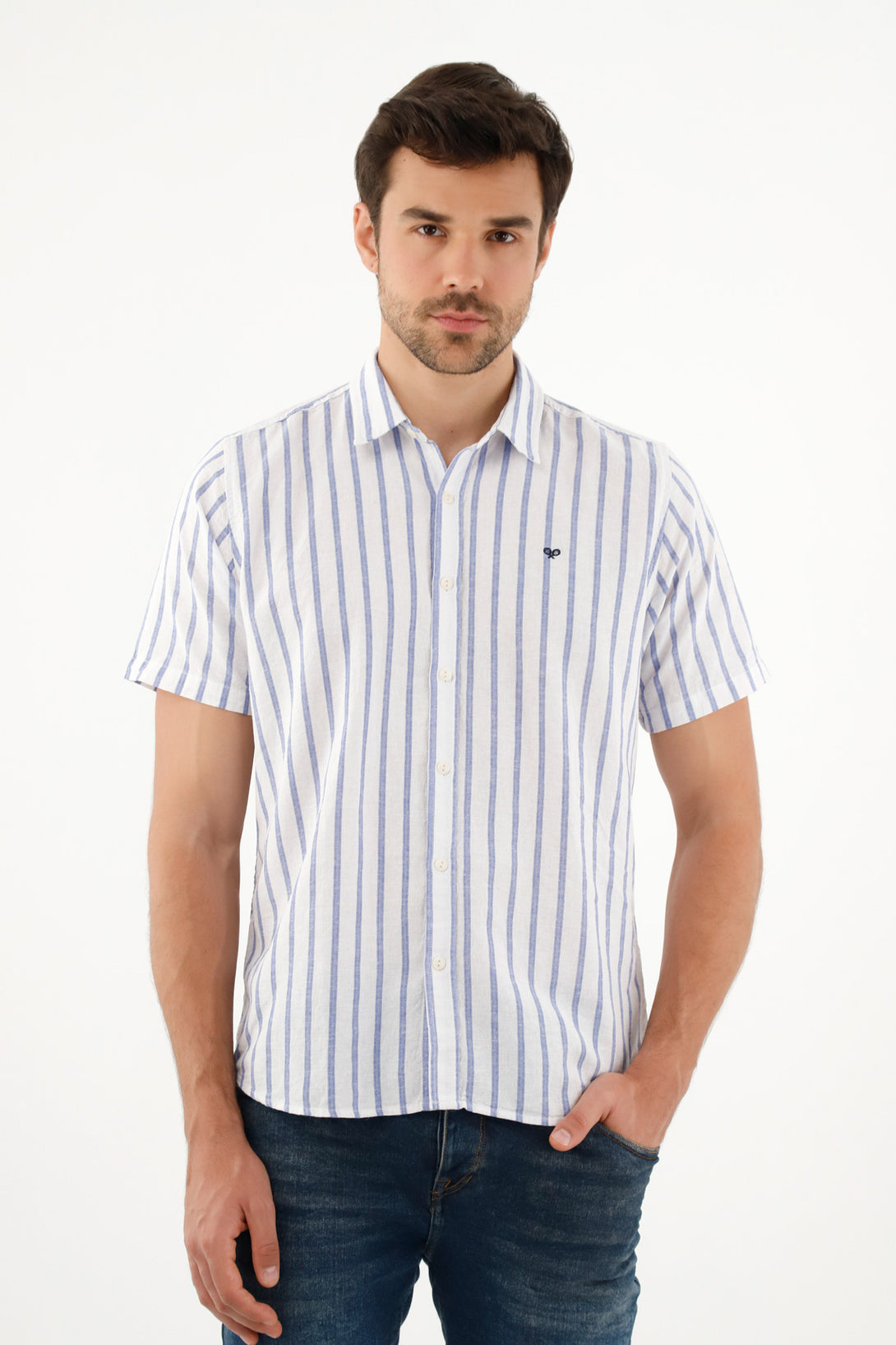 Camisa tipo lino azul para hombre