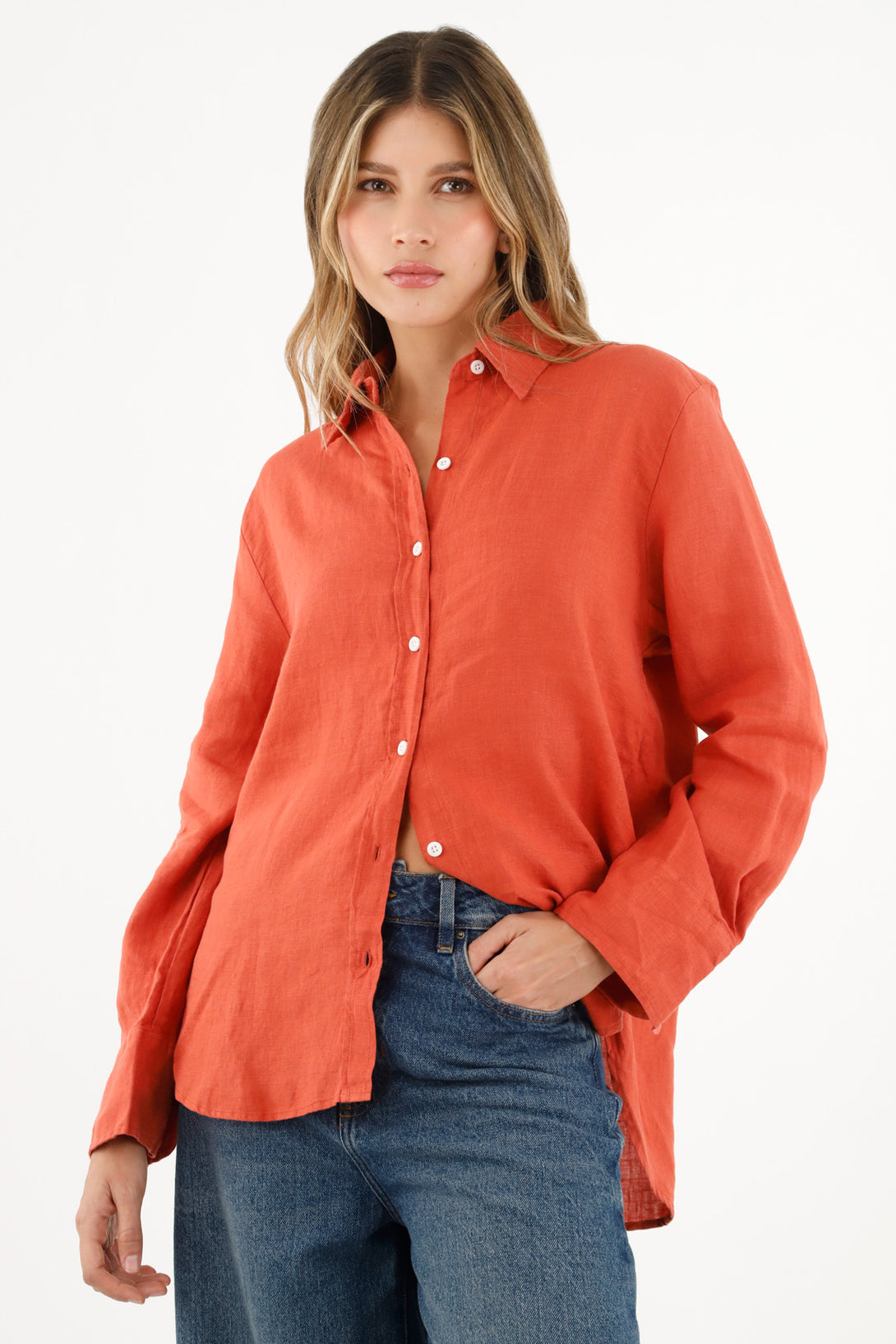 Camisa naranja en lino para mujer