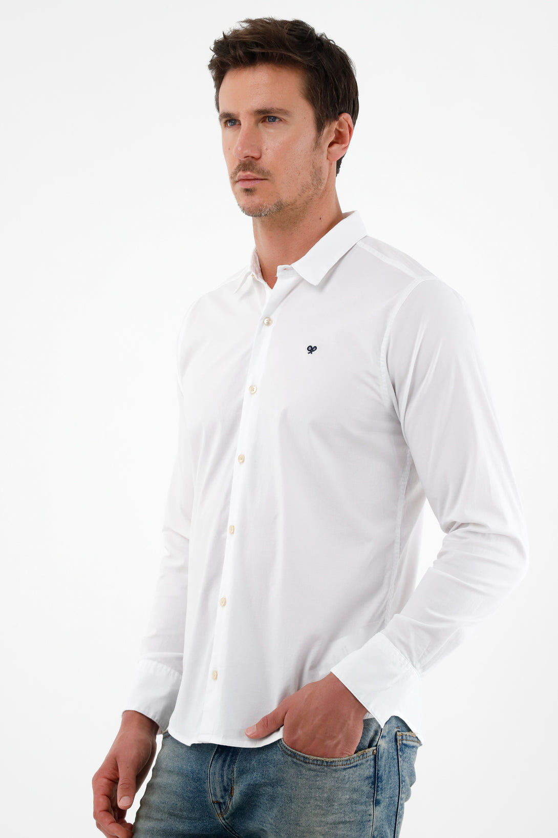 Men's White Long-Sleeve Shirt with Embroidered Racket