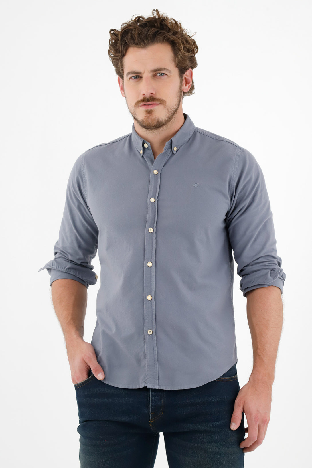 Camisa manga larga azul para hombre