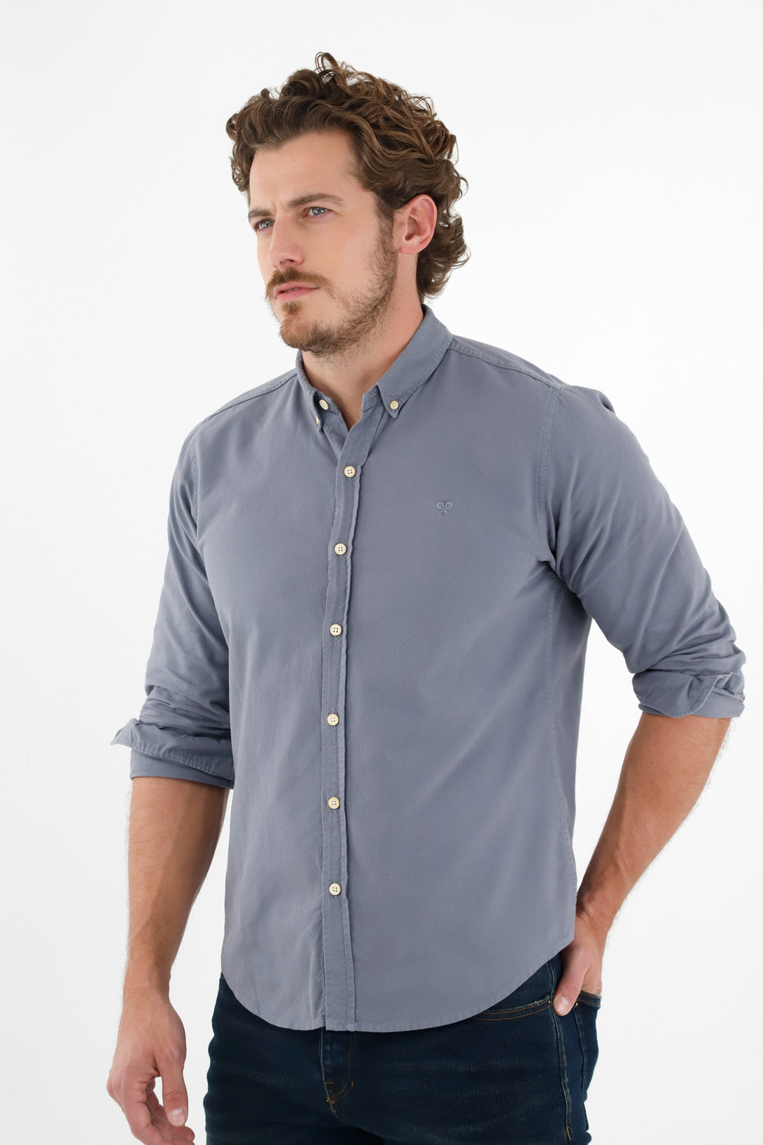 Camisa manga larga azul para hombre