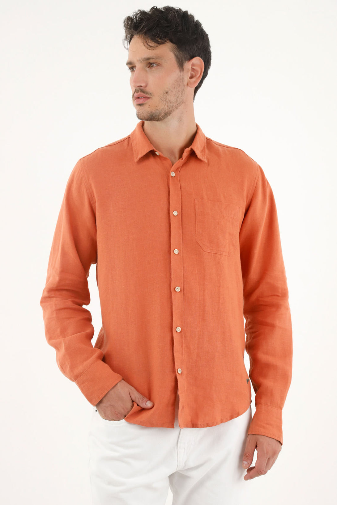 Men's Orange 100% Linen Shirt