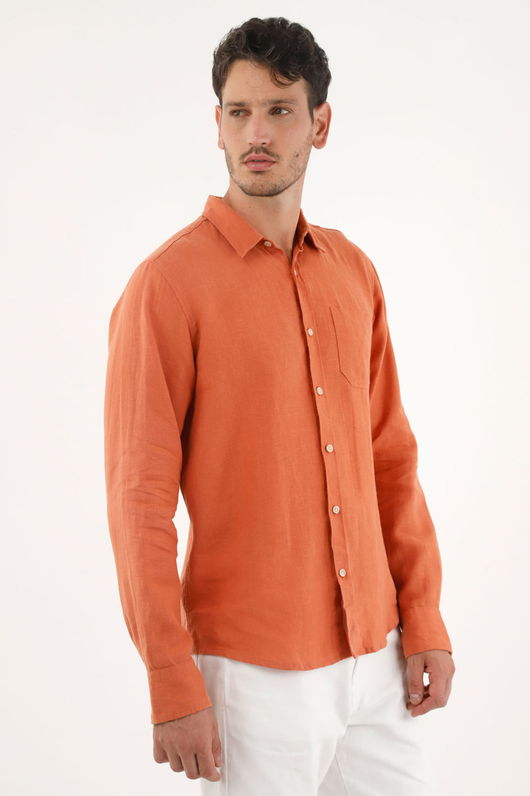 Camisa naranja en 100% lino para hombre