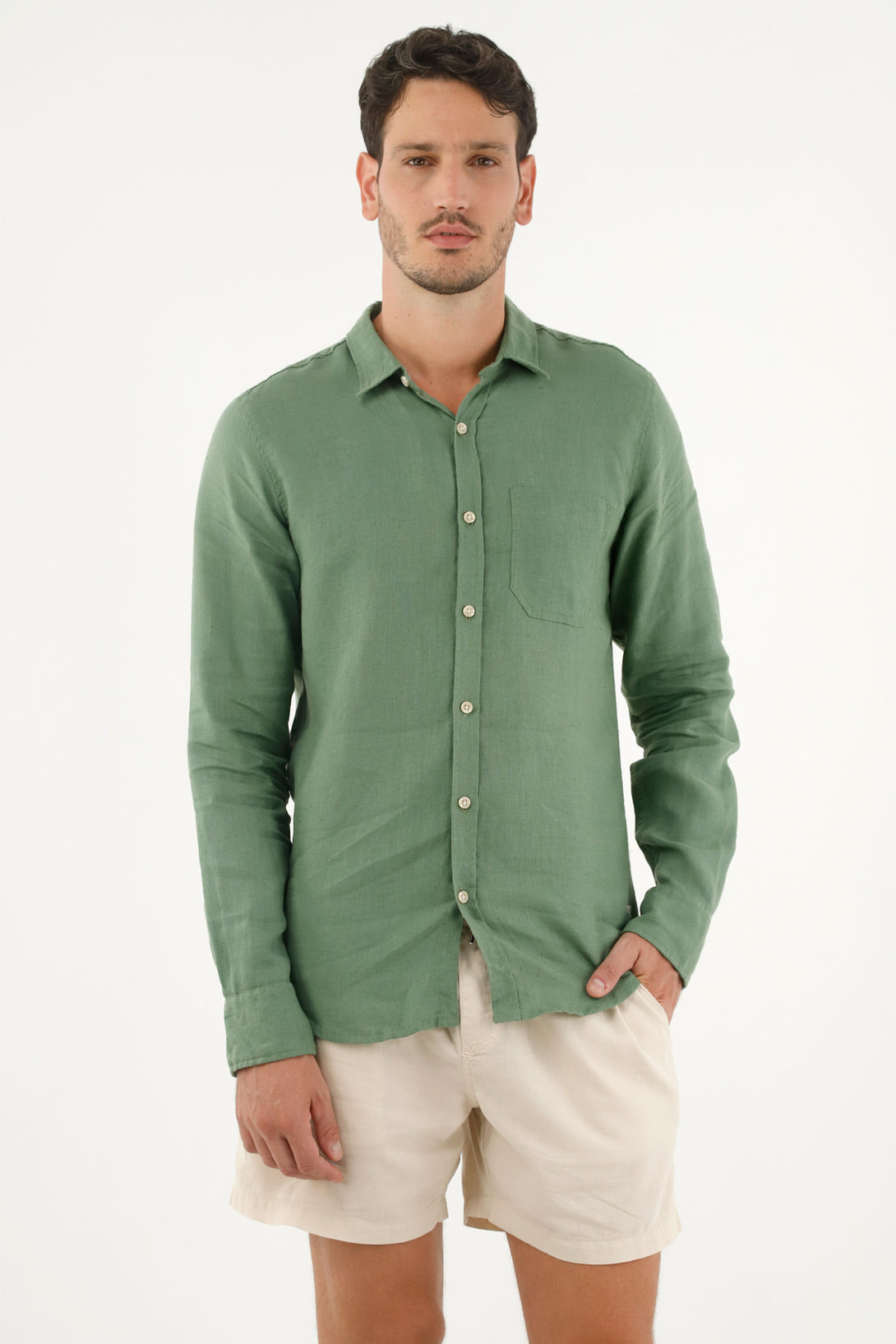 Camisa verde en 100% lino para hombre