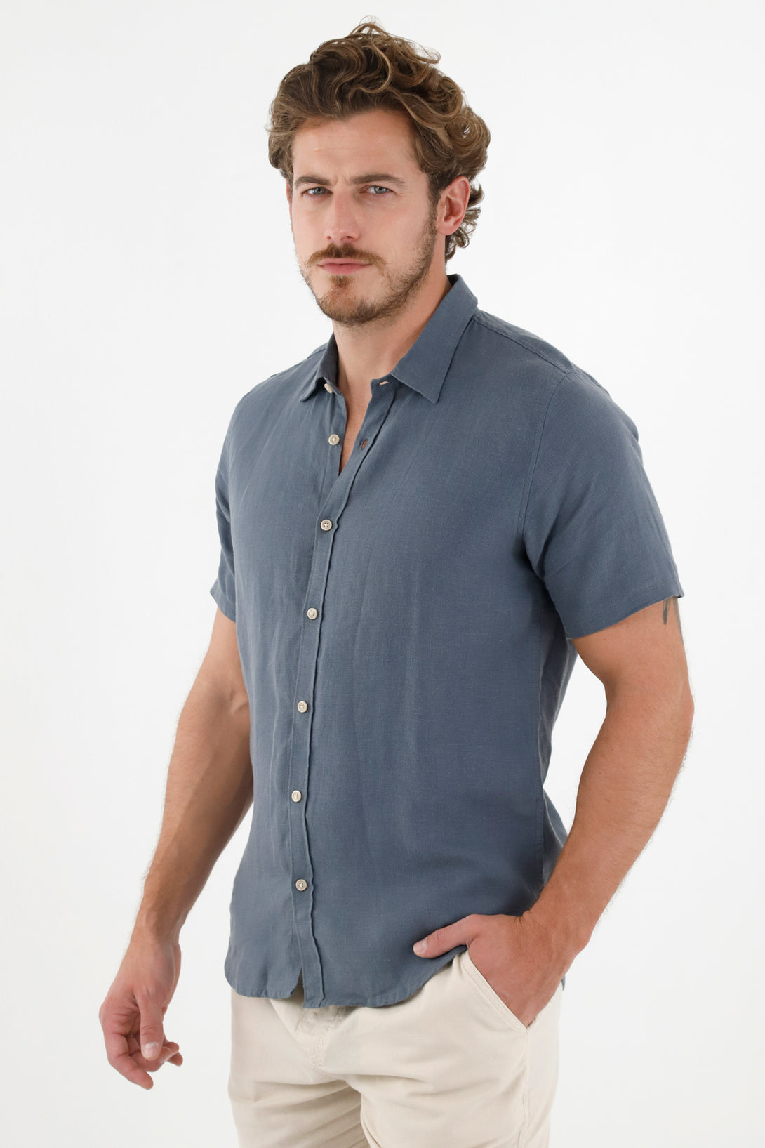 Men's Blue 100% Linen Shirt