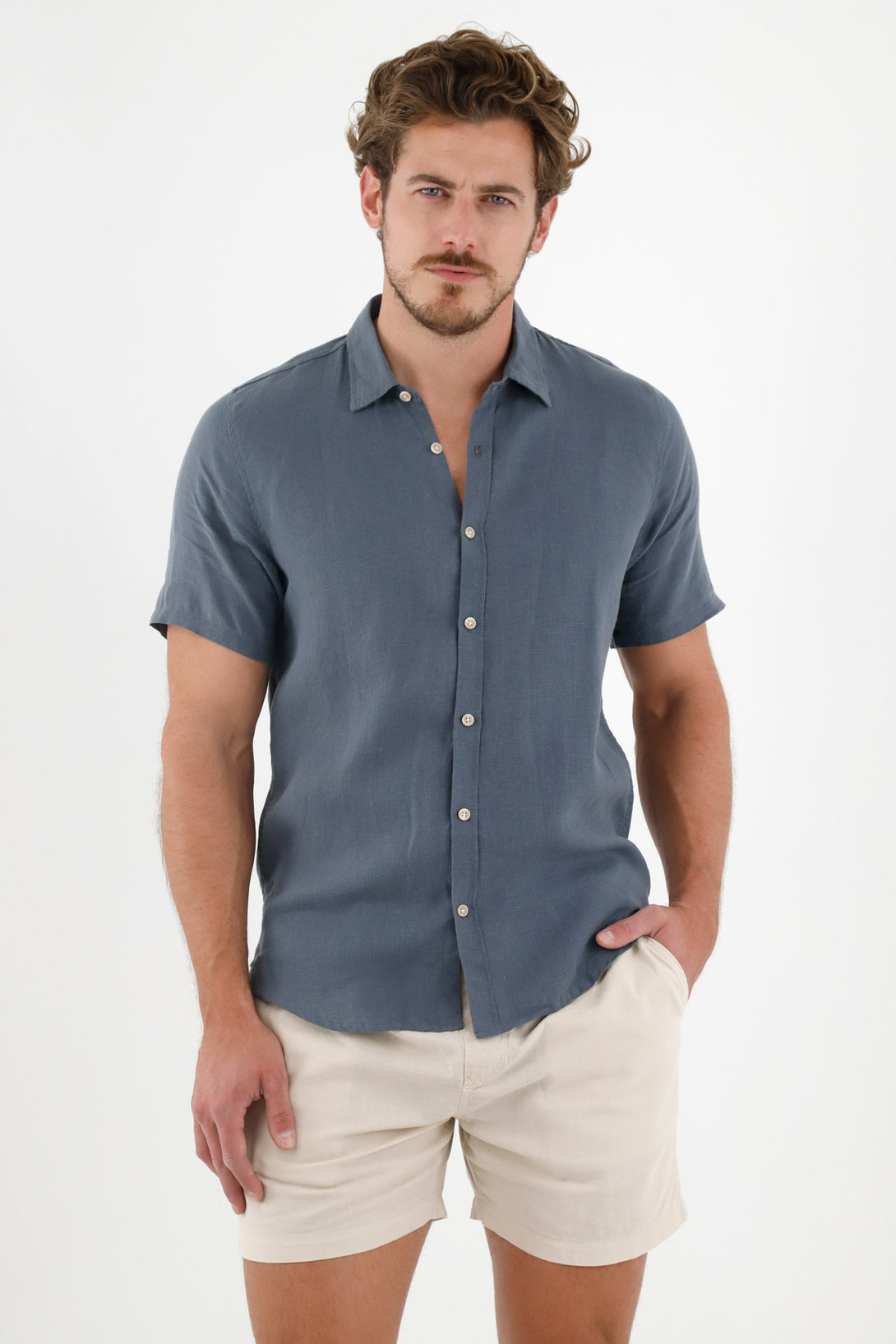 Men's Blue 100% Linen Shirt