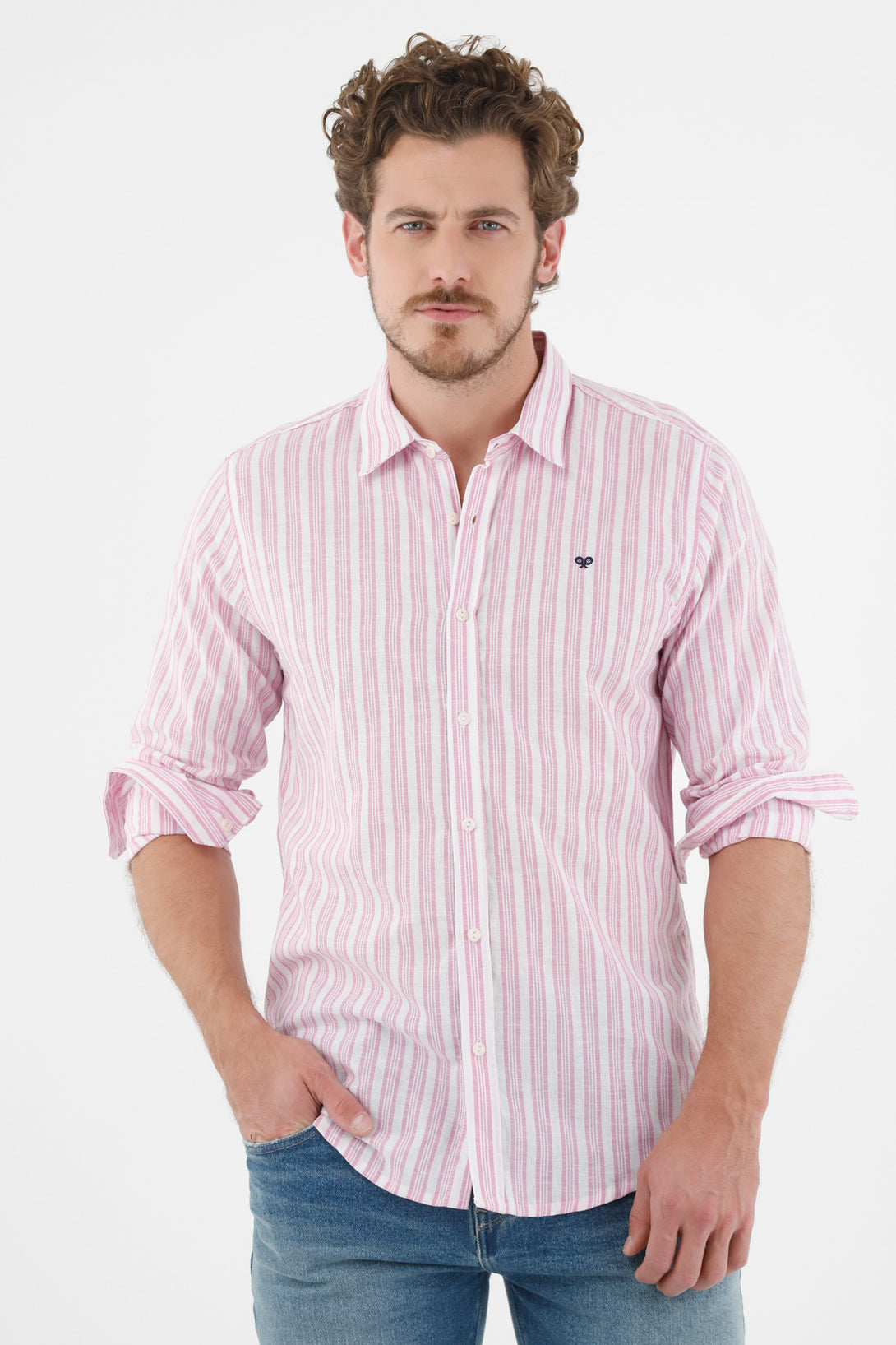 Camisa rosada con diseño preteñido a rayas para hombre