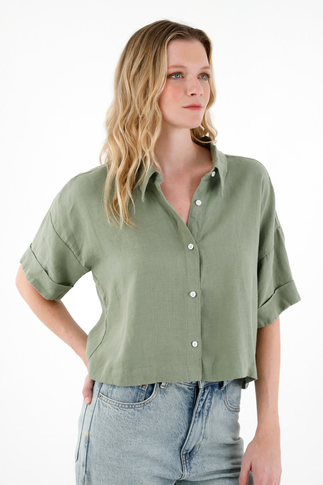 Women's Green 100% Linen Shirt