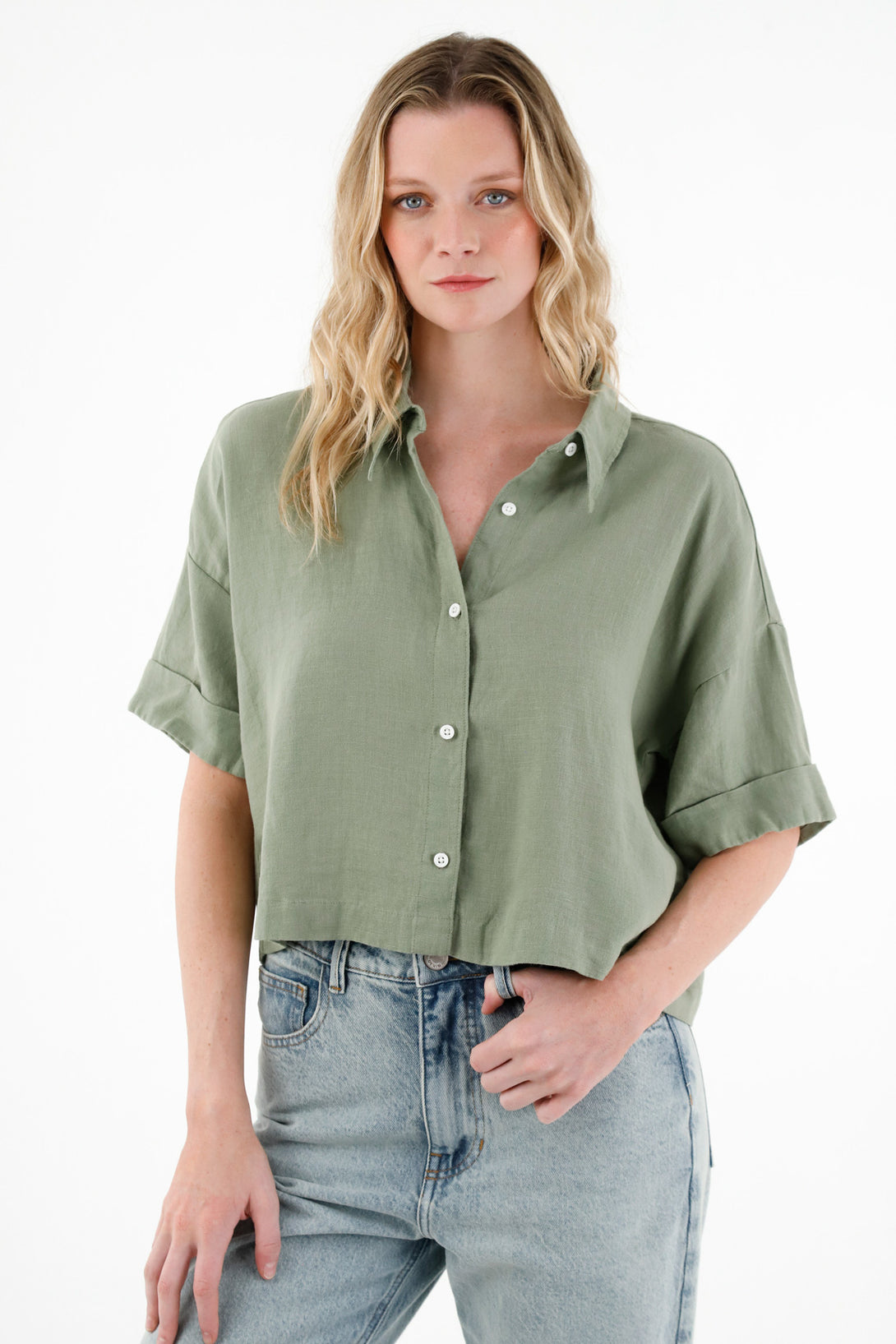 Women's Green 100% Linen Shirt