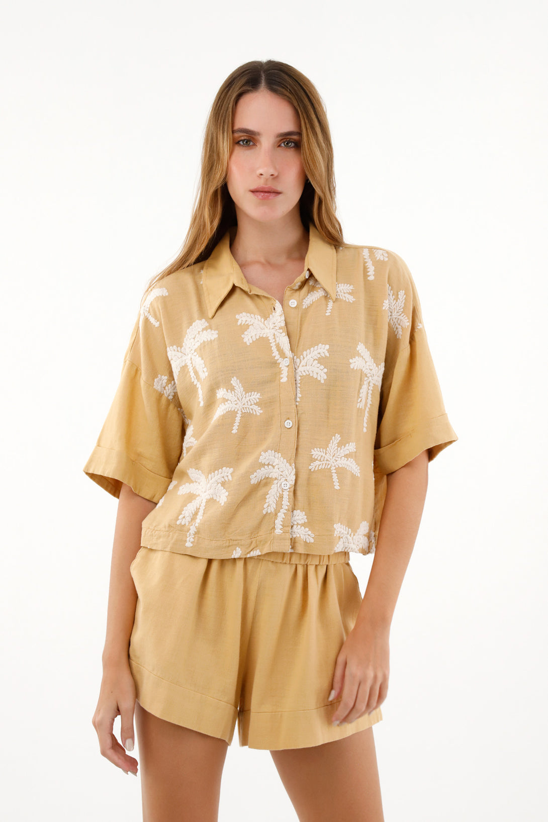 Camisa cropped con diseño bordado café para mujer