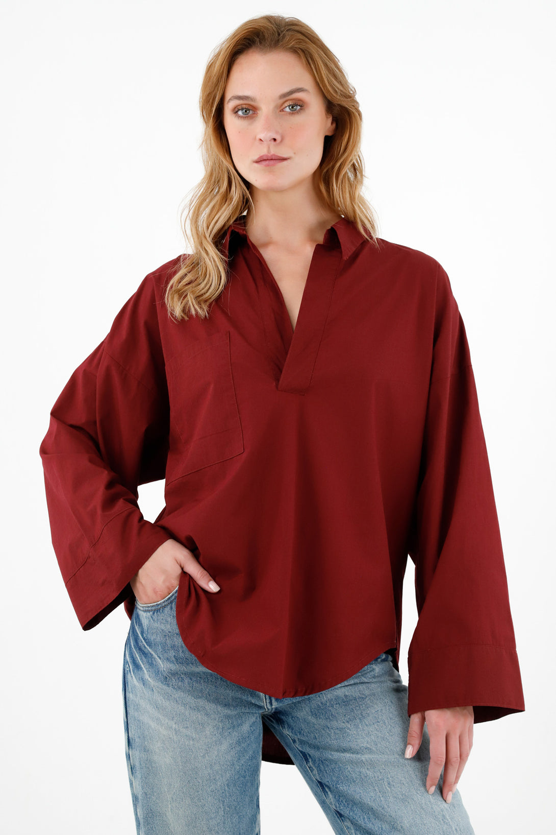 Women's Red Poplin Shirt