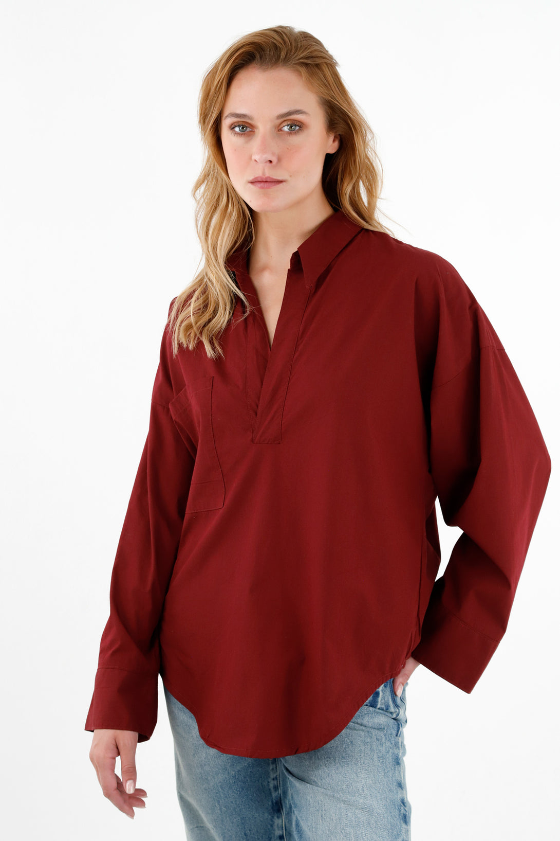 Women's Red Poplin Shirt