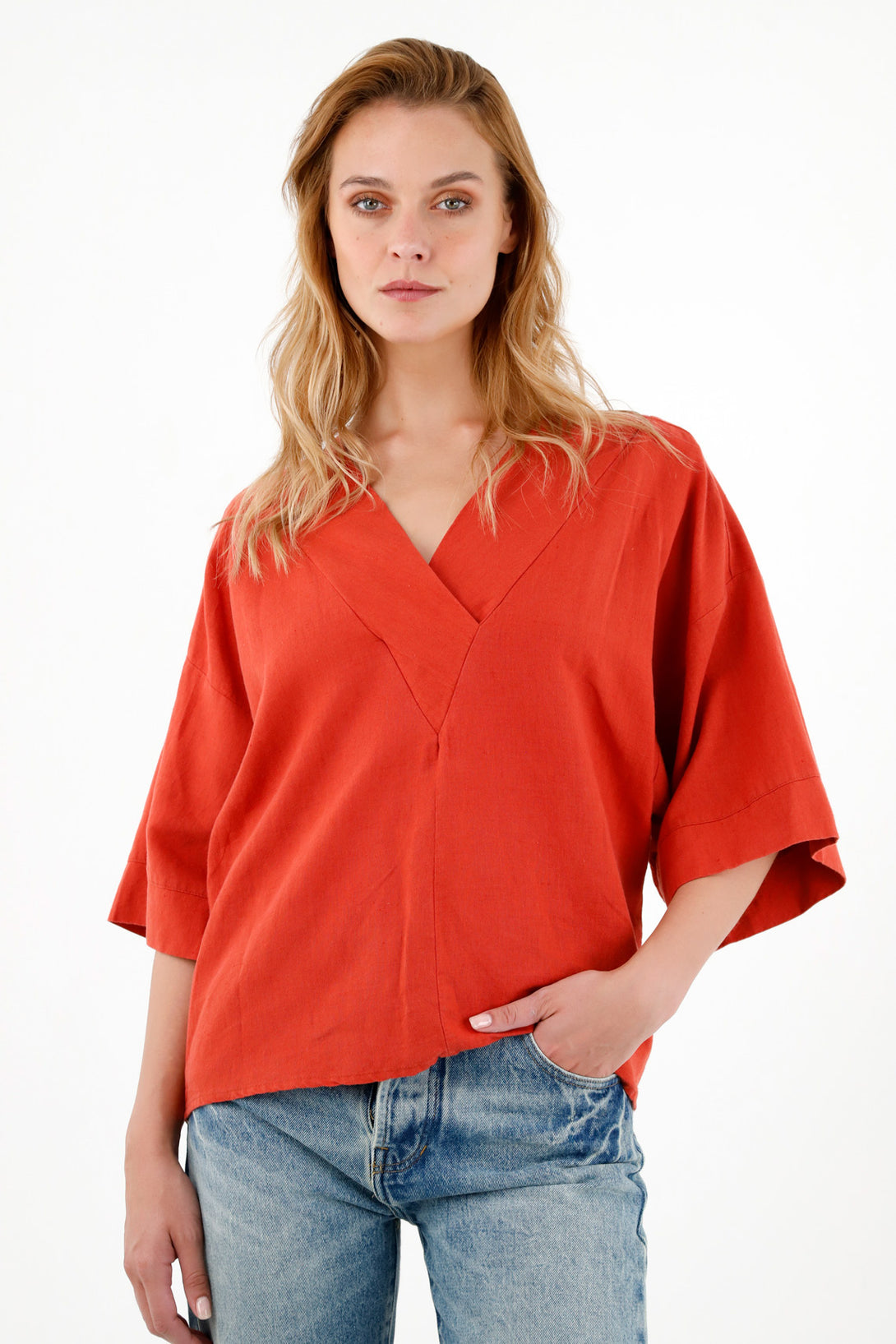 Women's Red V-Neck Shirt