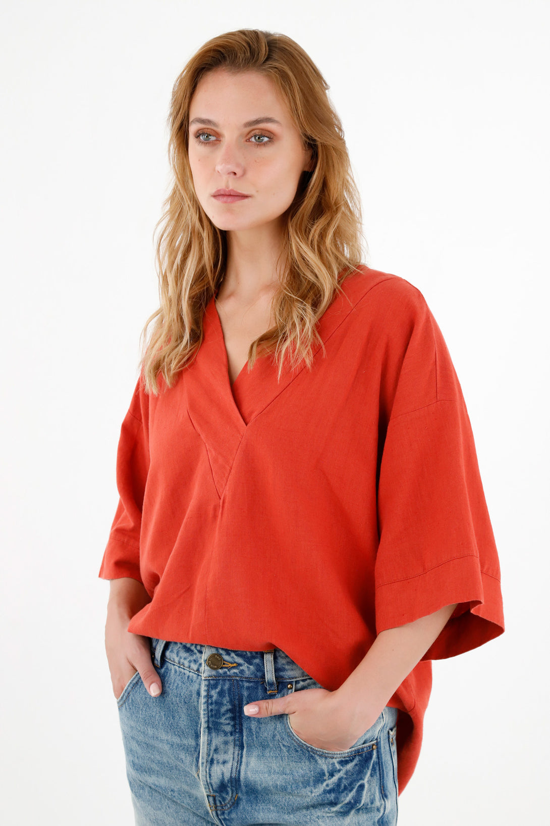 Women's Red V-Neck Shirt