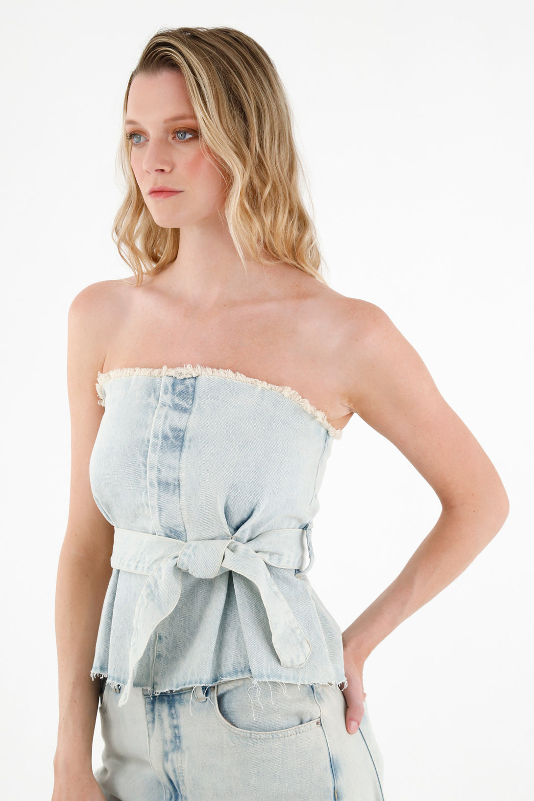 Women's Blue Denim Strapless Top