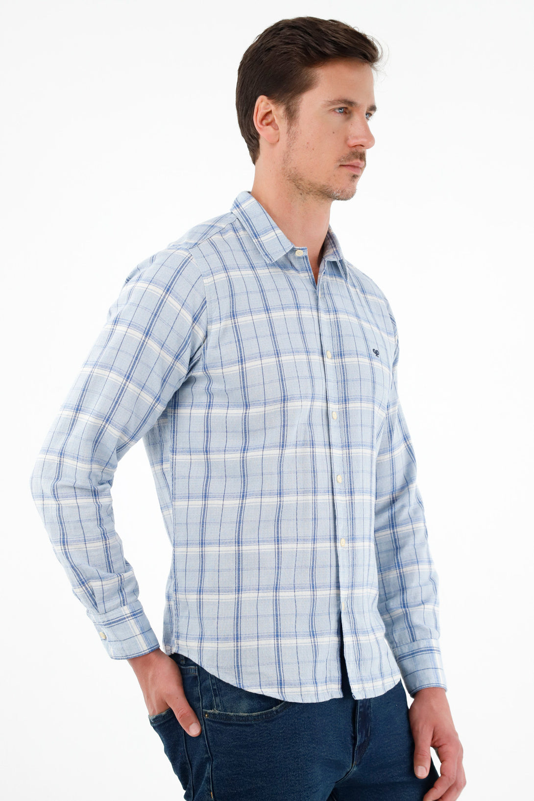 Camisa con diseño a cuadros azul para hombre