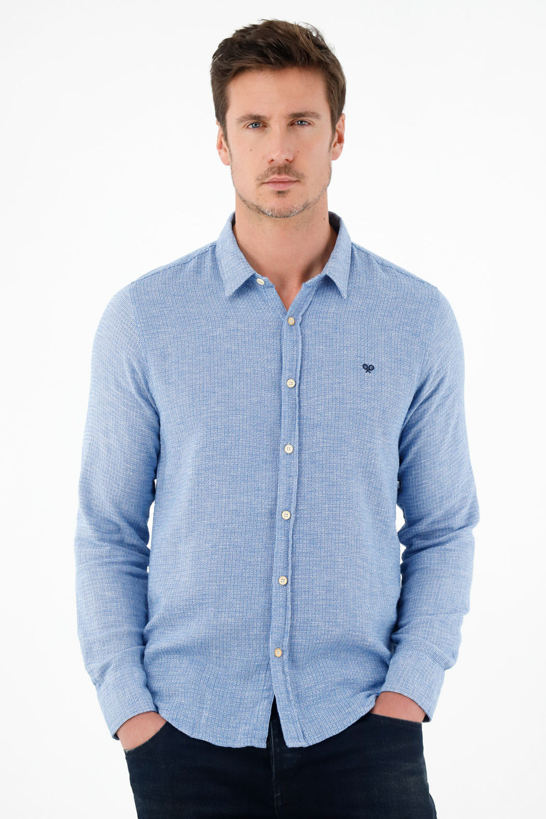 Men's blue woven fabric shirt