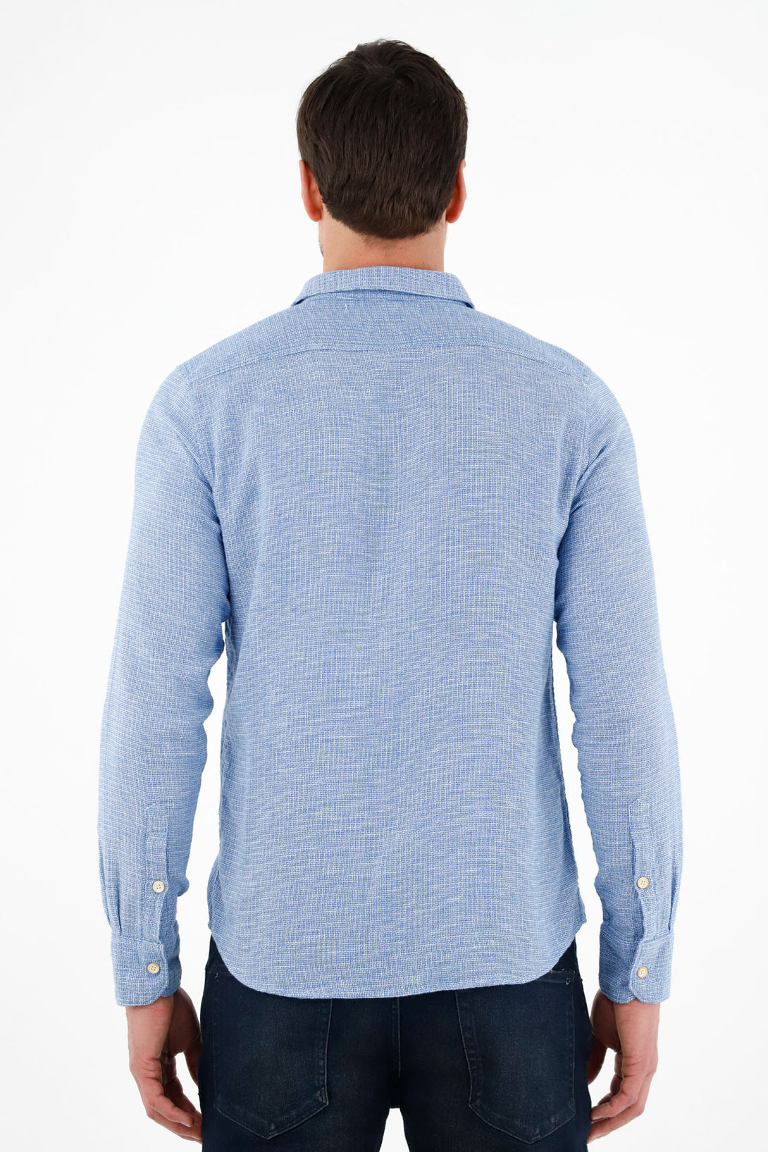 Men's blue woven fabric shirt