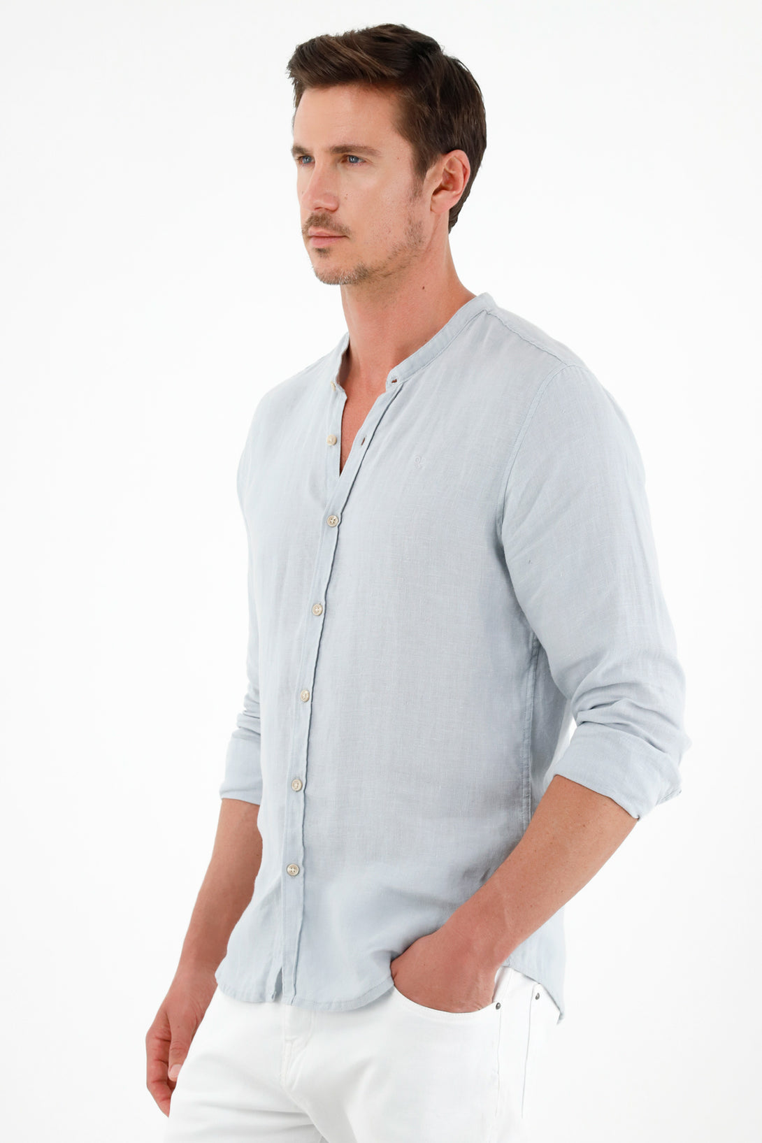 Camisa azul en 100% lino para hombre