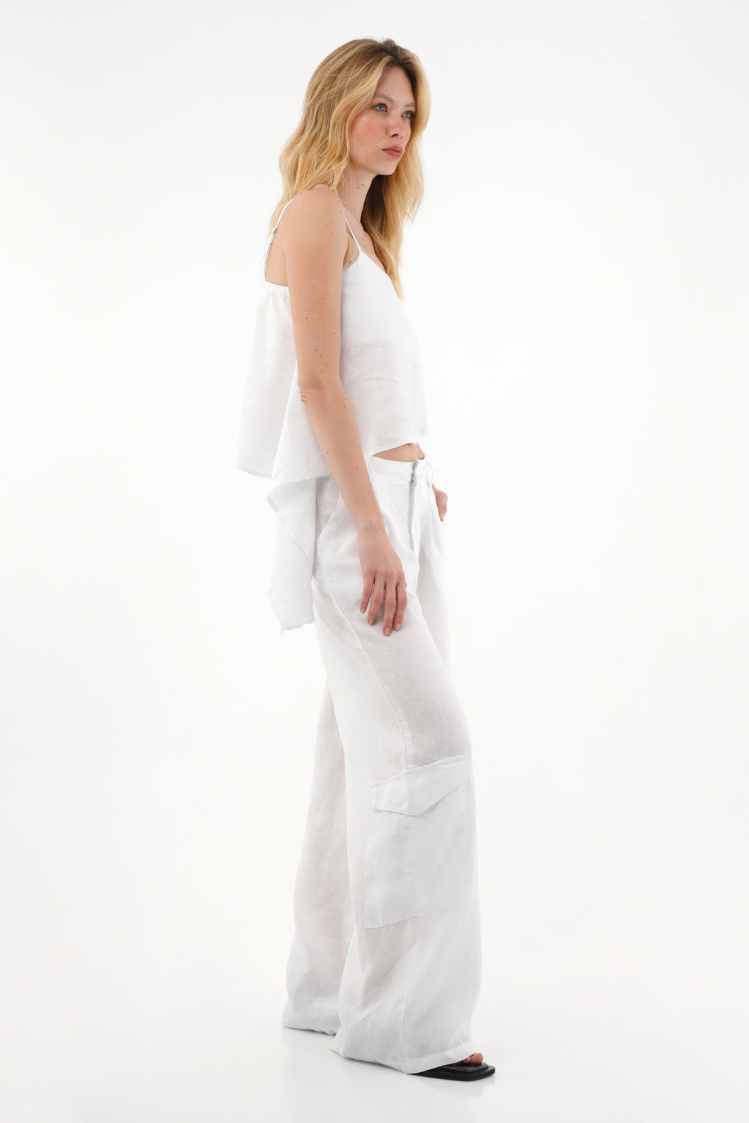 Women's White 100% Linen Shirt with Asymmetrical Hem