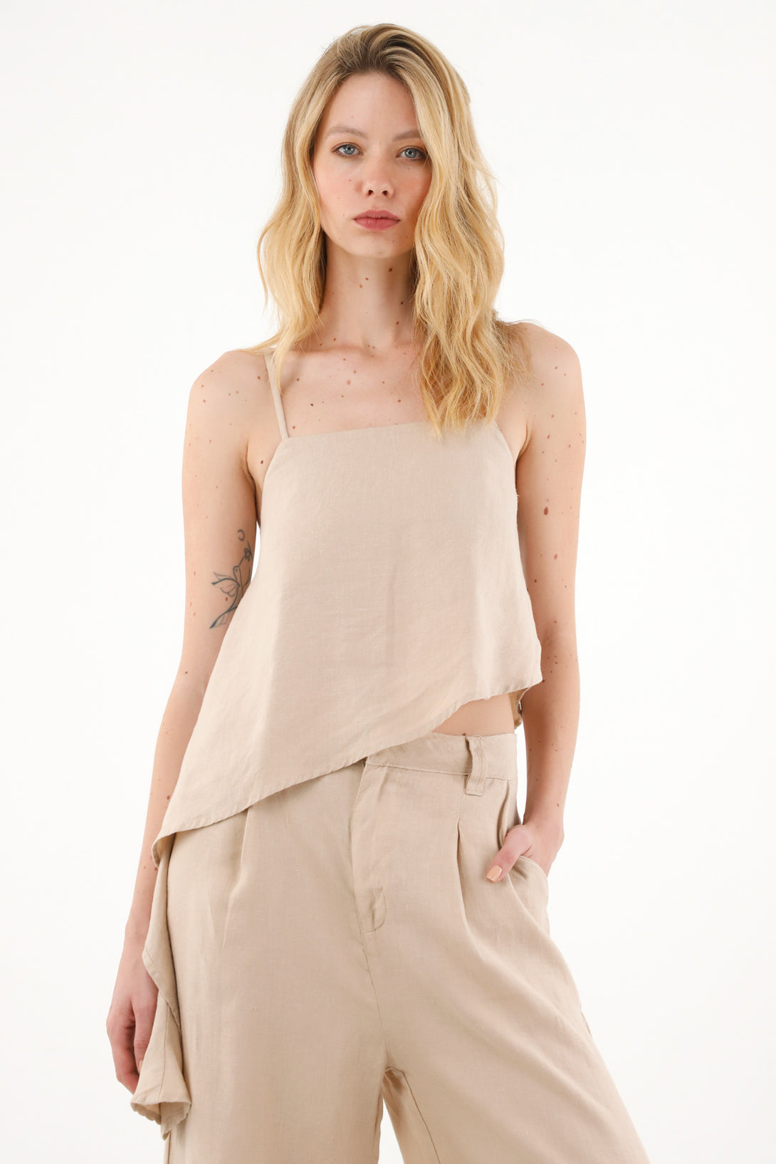 Women's Brown 100% Linen Shirt with Asymmetrical Hem