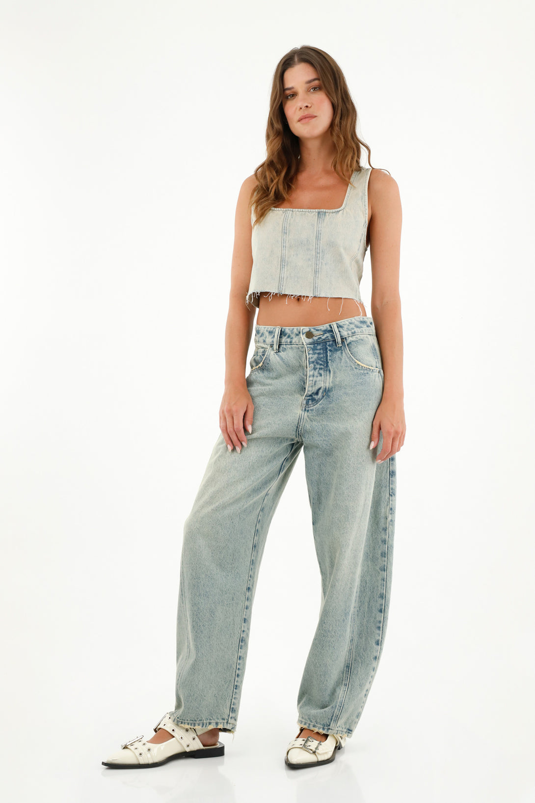 Camisa crop en denim tipo corsé para mujer