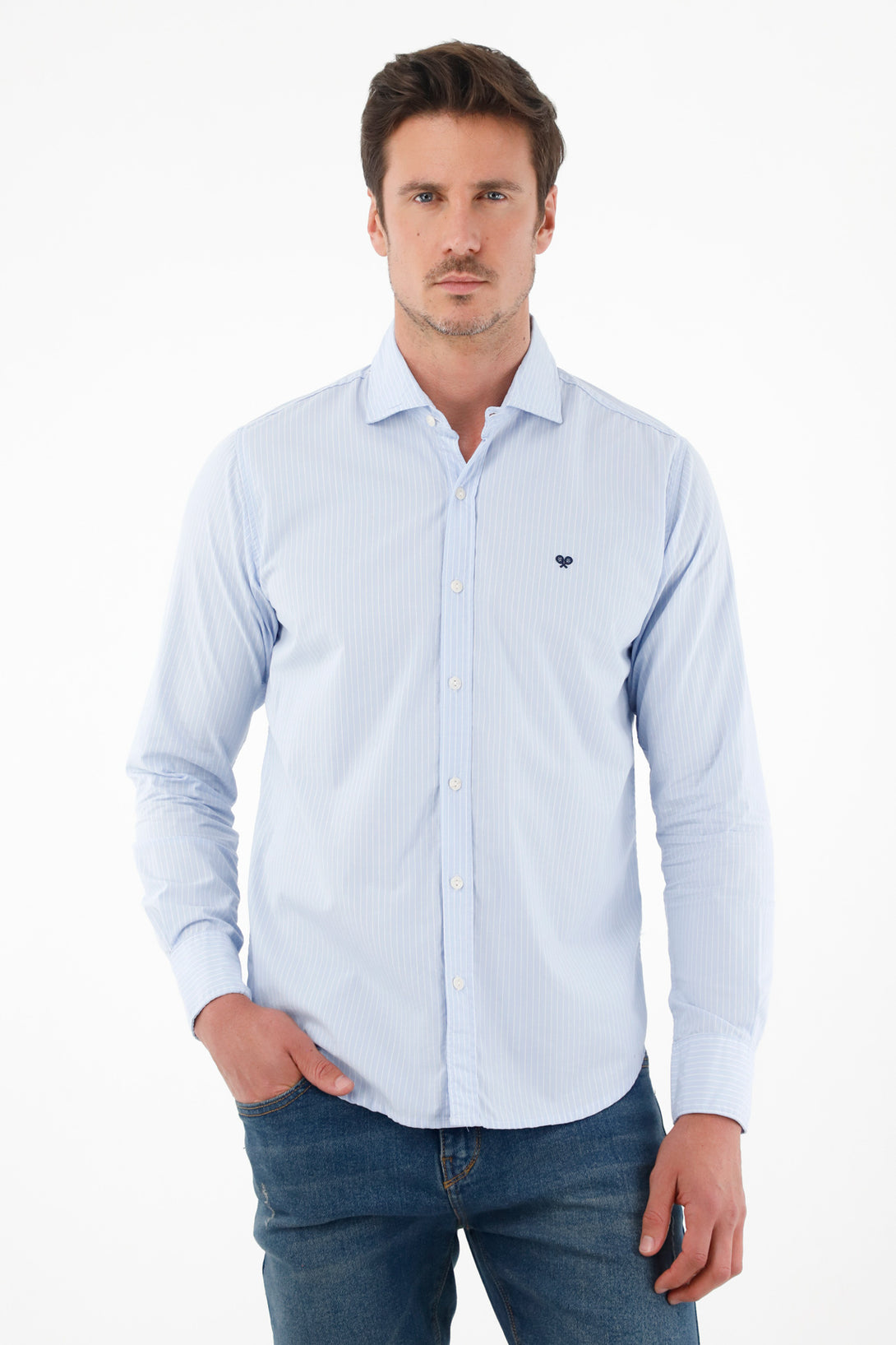 Men's Long-Sleeve Blue Poplin Shirt