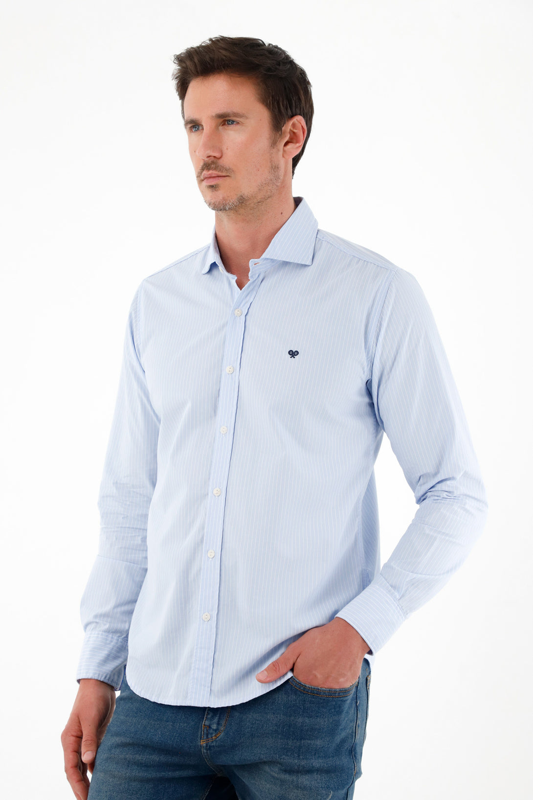 Camisa en popelina manga larga azul para hombre