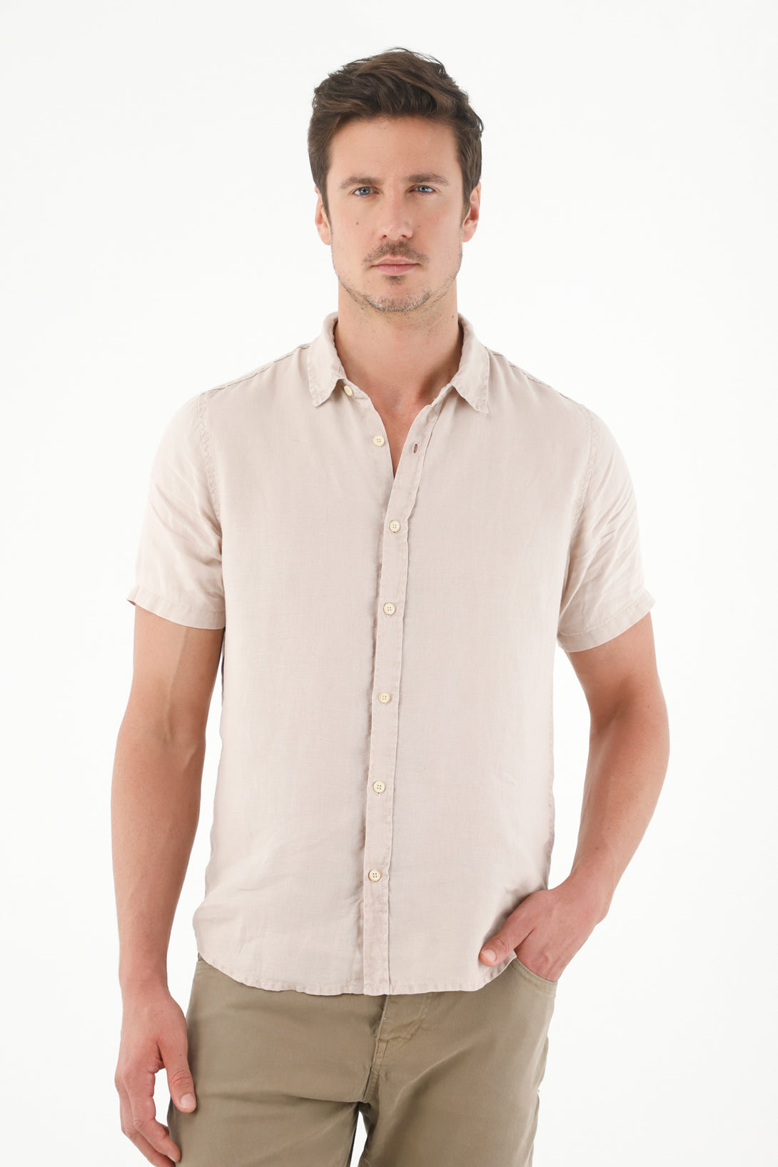 Men's Short-Sleeve Brown Linen Shirt