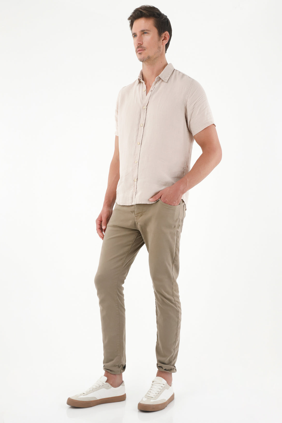 Men's Short-Sleeve Brown Linen Shirt