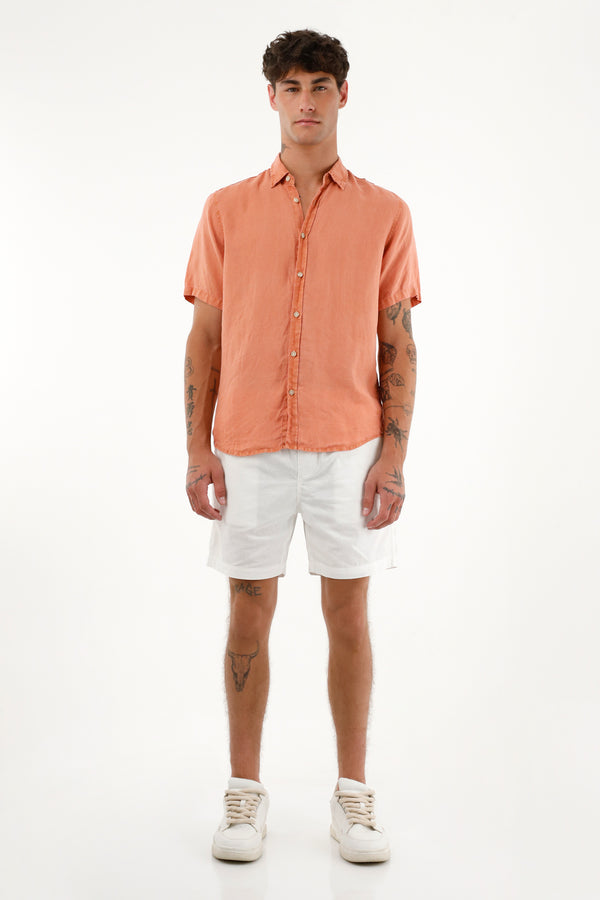 Men's Orange 100% Linen Short-Sleeve Shirt