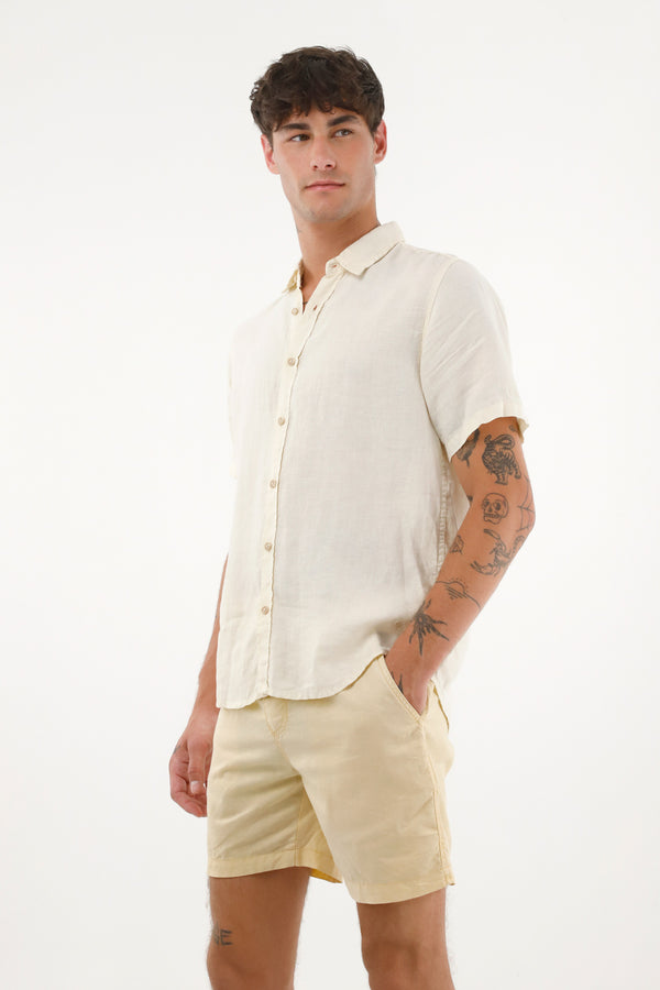 Men's Yellow Short-Sleeve 100% Linen Shirt